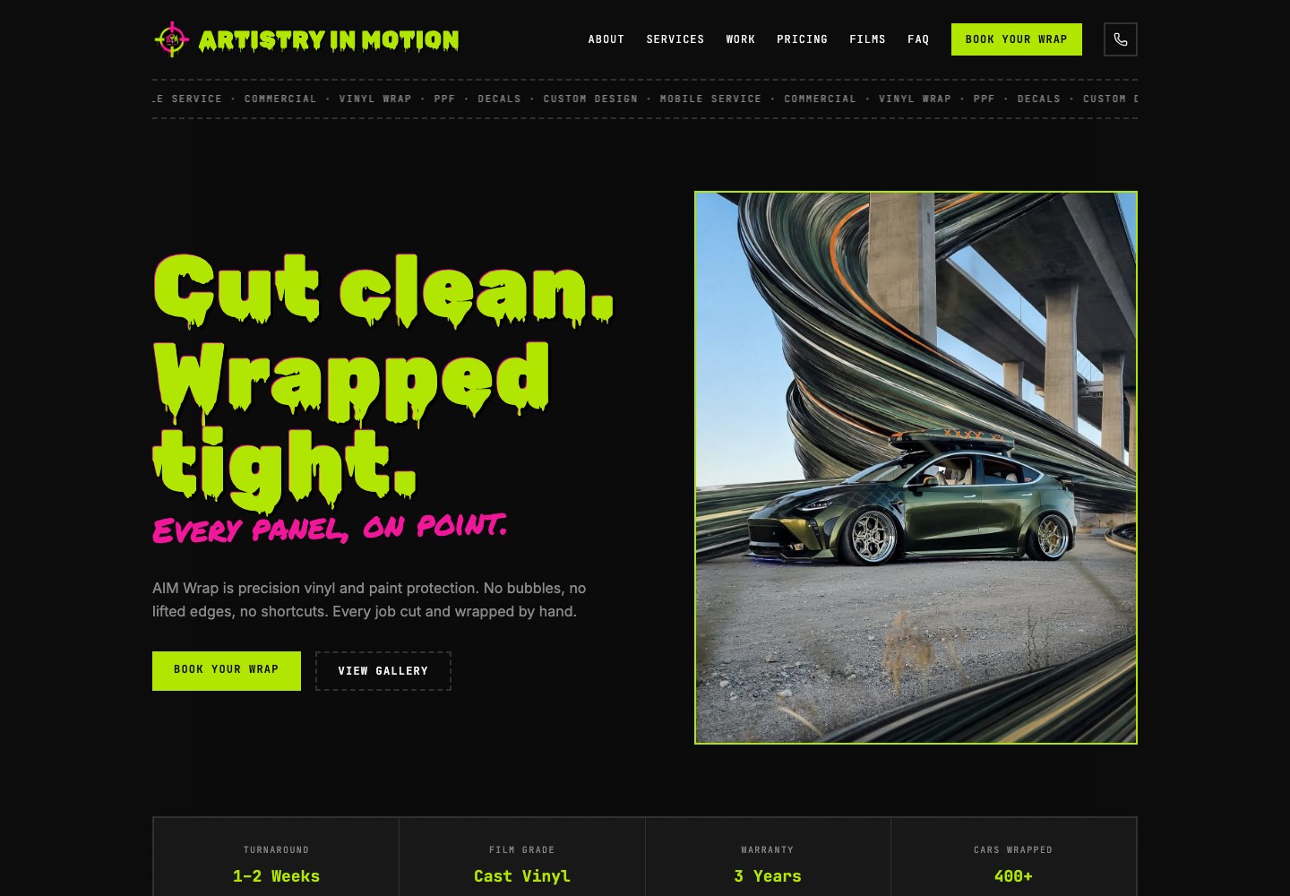 AIM Wrap Studio homepage with lime typography and a custom wrapped Tesla