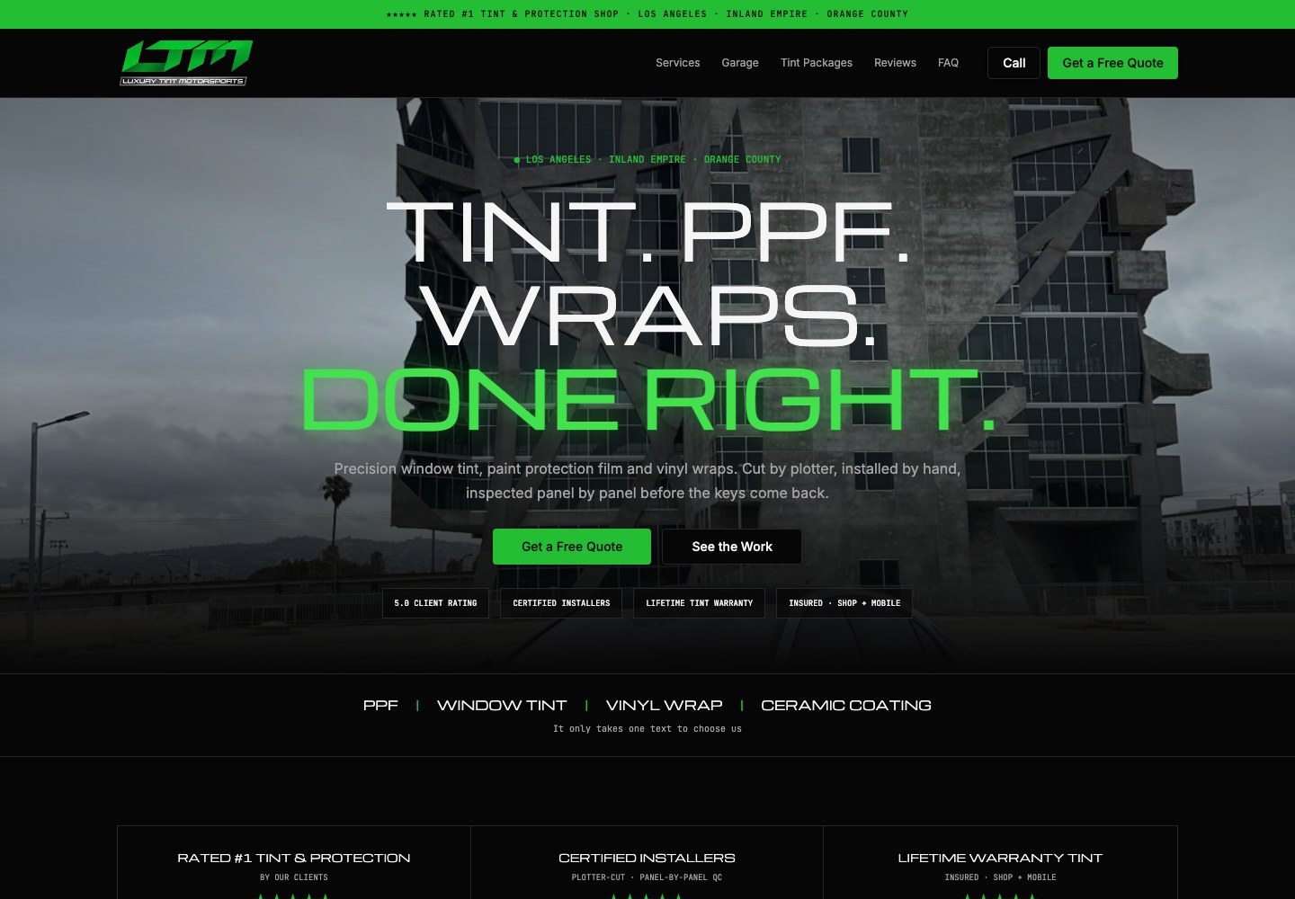 Luxury Tint Motorsports website showcasing window tint, paint protection, and wraps